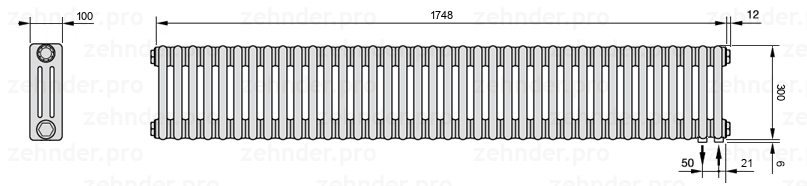 Схема (чертеж) Радиатор Zehnder Charleston 3030/38 №5510 Белый глянцевый RAL 9016